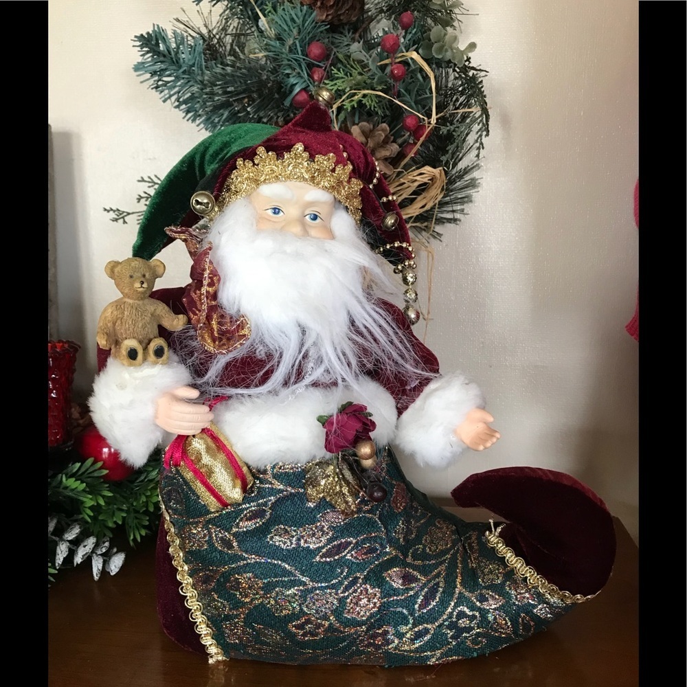 Rare Vintage Porcelain Faux Fur Santa holding Teddy